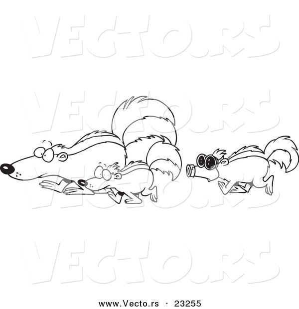 Vector of a Cartoon Skunk Wearing a Mask and Following Others - Coloring Page Outline