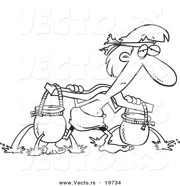 Vector of a Cartoon Slave Carrying Holy Water Pots - Outlined Coloring Page