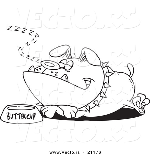 Vector of a Cartoon Sleeping Bulldog by His Food Dish - Coloring Page Outline