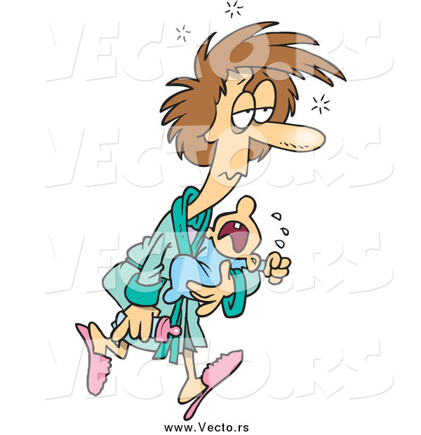 Vector of a Cartoon Sleepless White Mother Carrying a Crying Baby