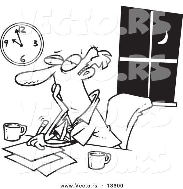Vector of a Cartoon Sleepy Businessman Working Late at Night - Coloring Page Outline
