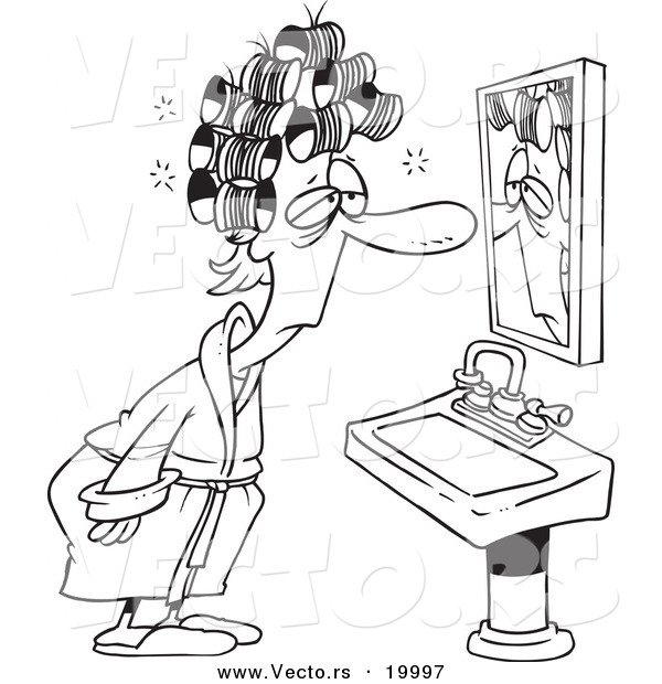 Vector of a Cartoon Sleepy Woman with Curlers, Staring at Herself in a Mirror - Outlined Coloring Page