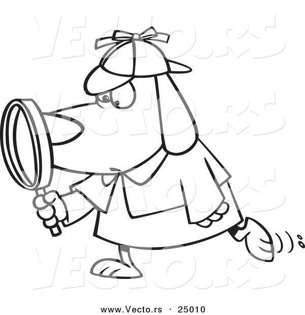 Vector of a Cartoon Sleuth Dog Using a Magnifying Glass - Outlined Coloring Page