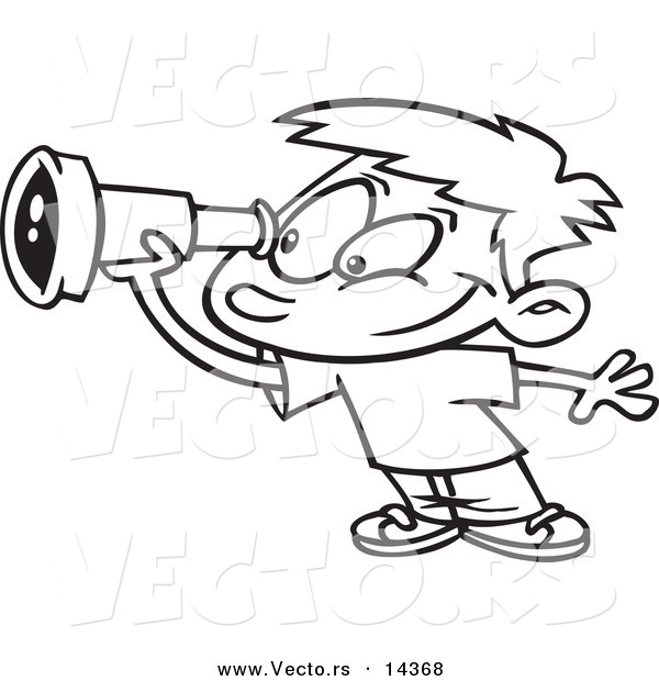 Vector of a Cartoon Smiling Boy Using a Telescope - Coloring Page Outline