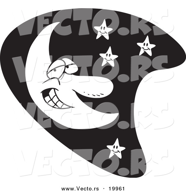 Vector of a Cartoon Smiling Moon and Stars - Outlined Coloring Page