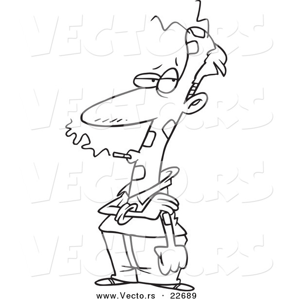 Vector of a Cartoon Smoking Man Wearing Patches - Coloring Page Outline