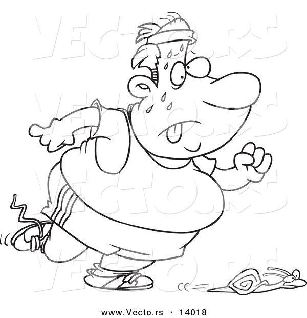 Vector of a Cartoon Snail Winning a Race Against an Unfit Man - Coloring Page Outline