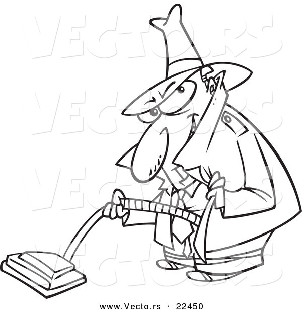 Vector of a Cartoon Sneaky Man Using a Vacuum - Coloring Page Outline