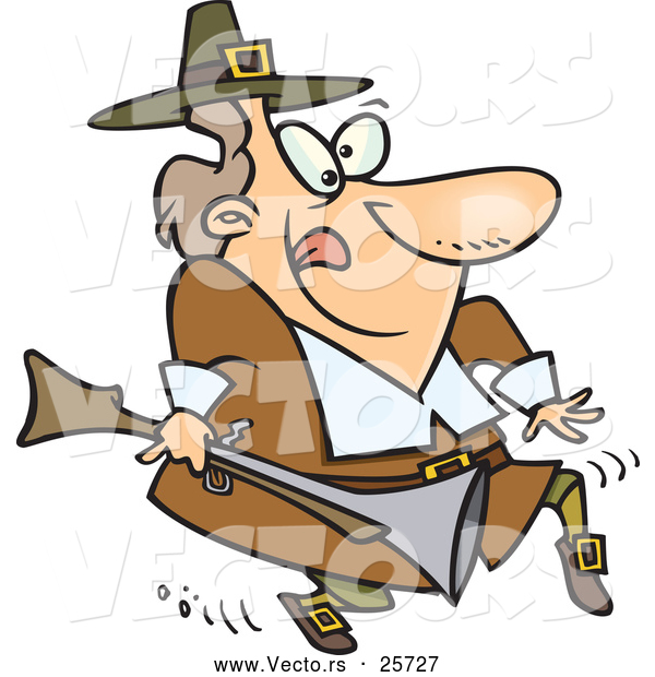 Vector of a Cartoon Sneaky Pilgrim Tip Toeing and Carrying a Blunderbuss