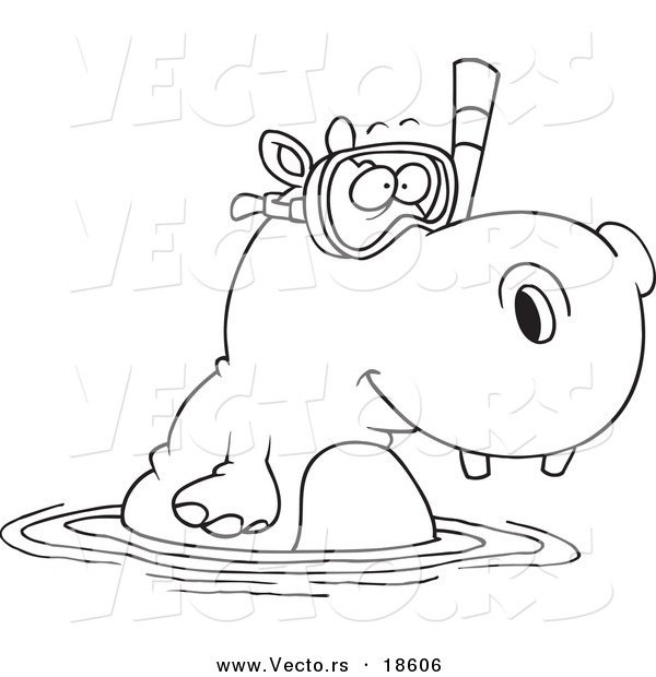 Vector of a Cartoon Snorkeling Hippo - Outlined Coloring Page