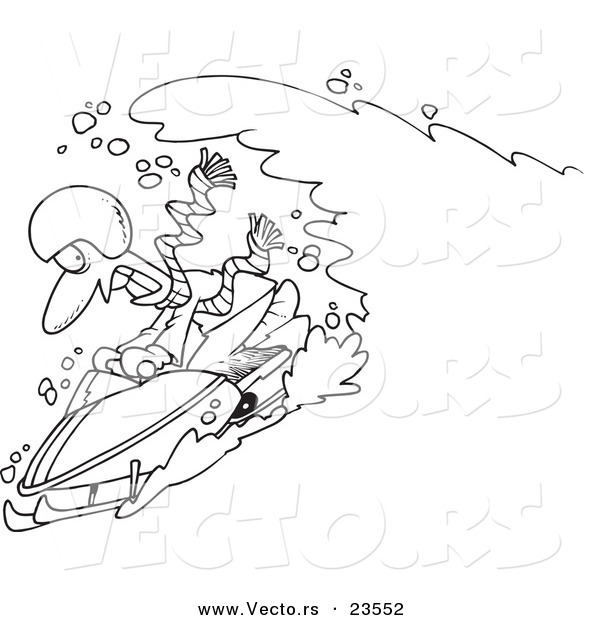 Vector of a Cartoon Snow Chasing a Snowmobiling Guy - Coloring Page Outline