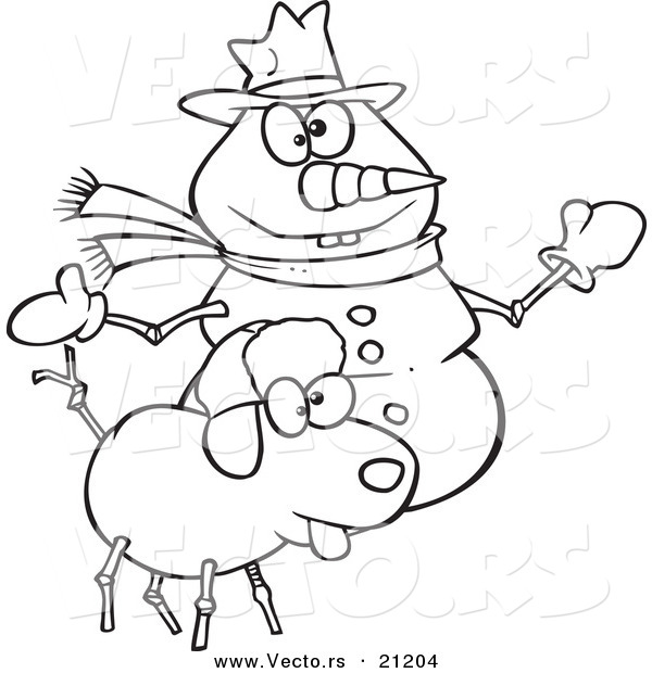 Vector of a Cartoon Snow Dog and Snowman - Coloring Page Outline