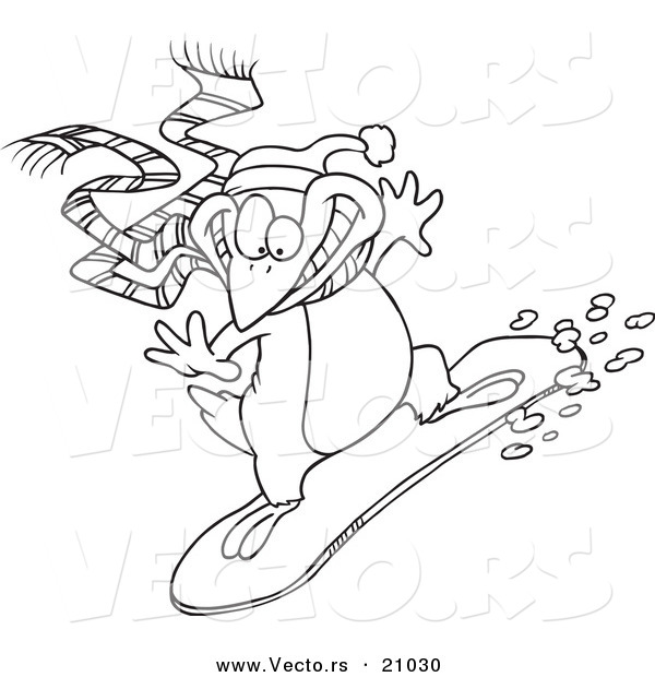 Vector of a Cartoon Snowboarding Penguin - Coloring Page Outline