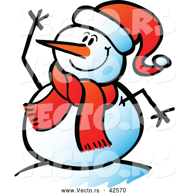 Vector of a Cartoon Snowman Waving While Smiling