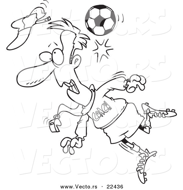 Vector of a Cartoon Soccer Ball Hitting a Coach - Coloring Page Outline