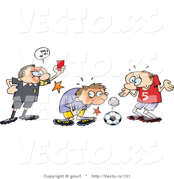 Vector of a Cartoon Soccer Ref Flagging a Soccer Player for Kicking His Opponent in the Groin with the Ball