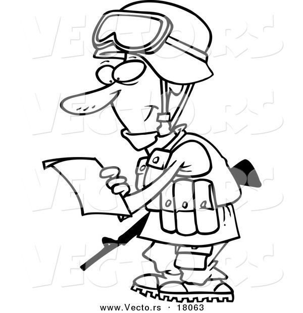 Vector of a Cartoon Soldier Reading a Letter - Outlined Coloring Page