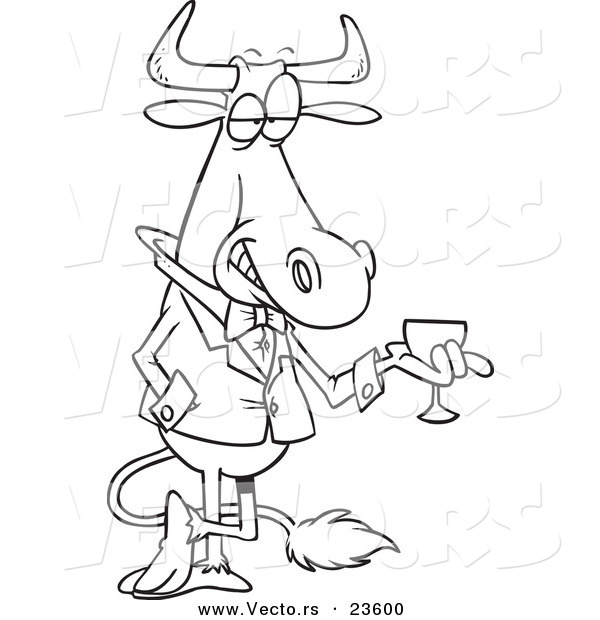 Vector of a Cartoon Sophisticated Bull with Wine - Coloring Page Outline