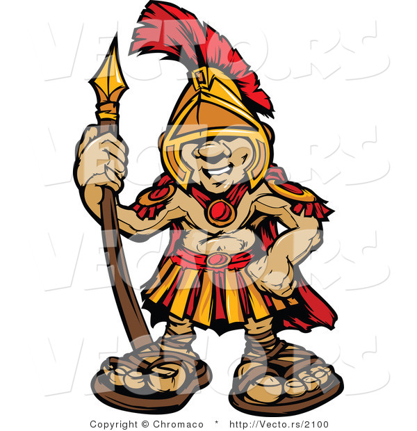 Vector of a Cartoon Spartan Boy Armed with a Spear While Smiling