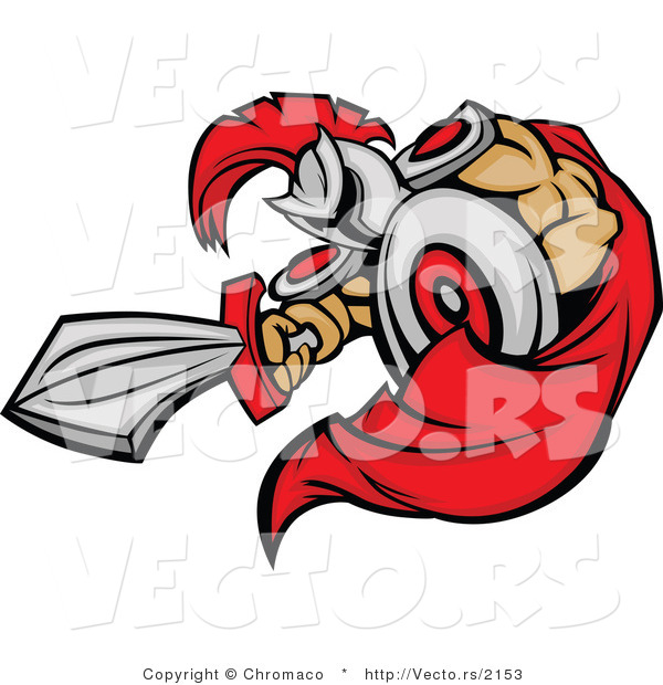 Vector of a Cartoon Spartan Mascot Jabbing Outwards with Sword While Using Shield As Protection
