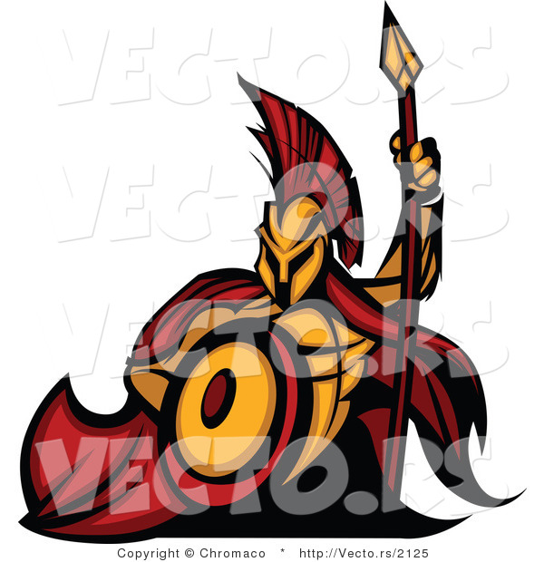 Vector of a Cartoon Spartan Warrior Mascot Armed with a Spear and Protective Shield