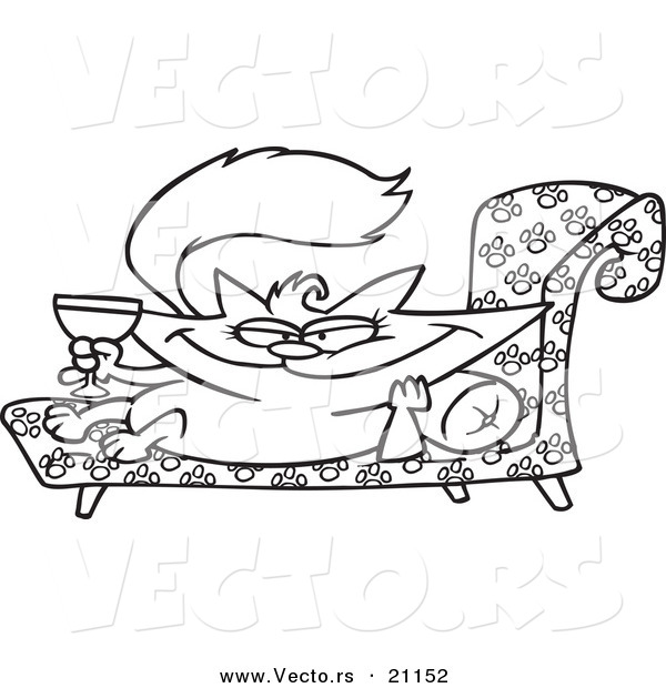 Vector of a Cartoon Spoiled Cat with Wine - Coloring Page Outline