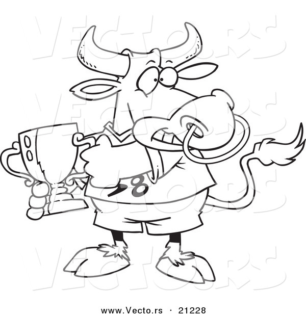 Vector of a Cartoon Sports Bull Holding a Trophy Cup - Coloring Page Outline