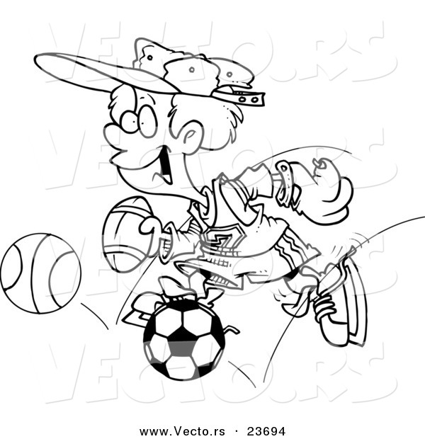 Vector of a Cartoon Sporty Boy with a Baseball Glove, Basketball, Football and Soccer Ball - Coloring Page Outline