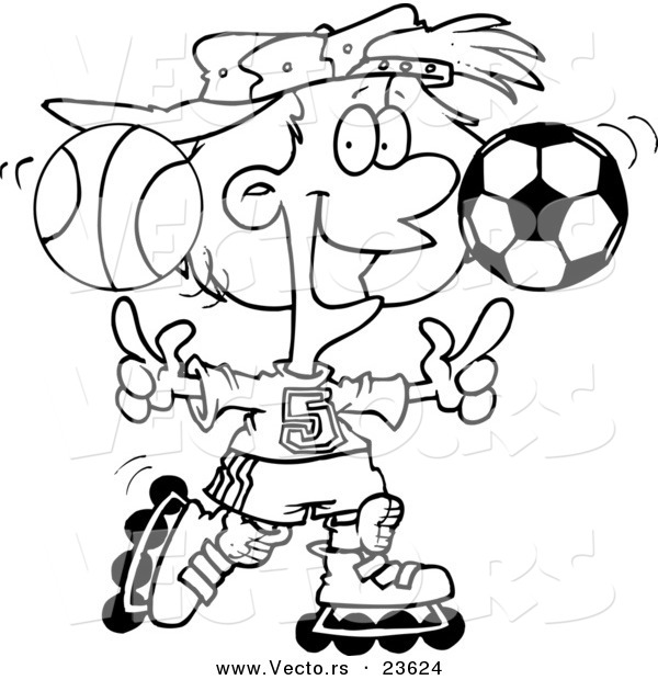 Vector of a Cartoon Sporty Girl Roller Blading with a Basketball and Soccer Ball - Coloring Page Outline