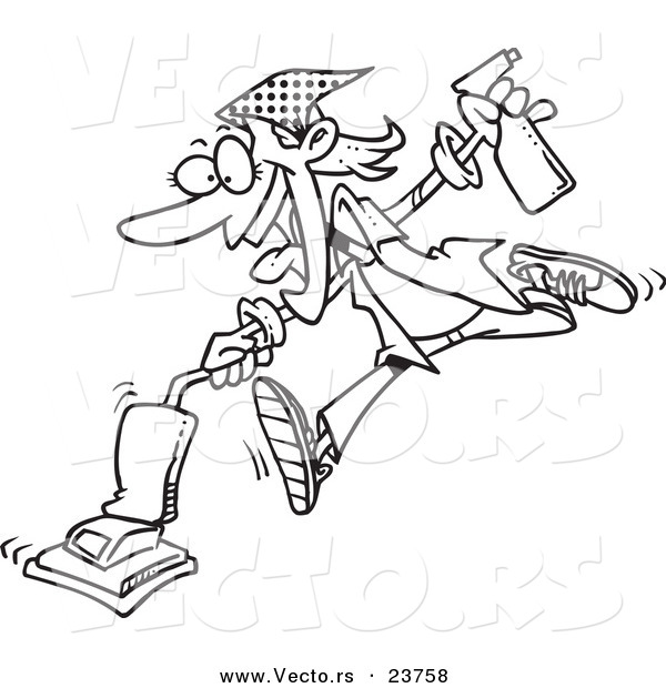 Vector of a Cartoon Spring Cleaning Woman Vacuuming - Coloring Page Outline