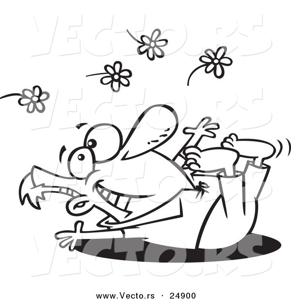 Vector of a Cartoon Spring Fling Man Playing in Flowers - Outlined Coloring Page