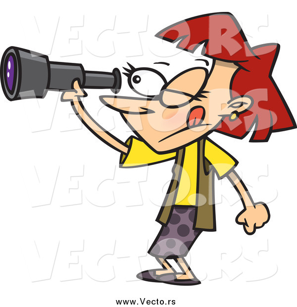 Vector of a Cartoon Spying Woman Looking Through a Telescope