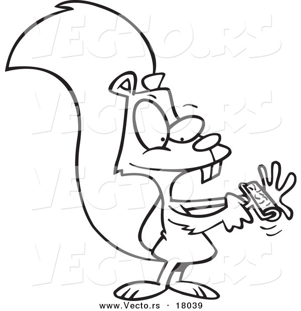 Vector of a Cartoon Squirrel Using a Lint Brush - Outlined Coloring Page