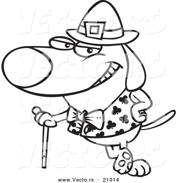 Vector of a Cartoon St Patricks Day Dog Leaning on a Cane - Coloring Page Outline
