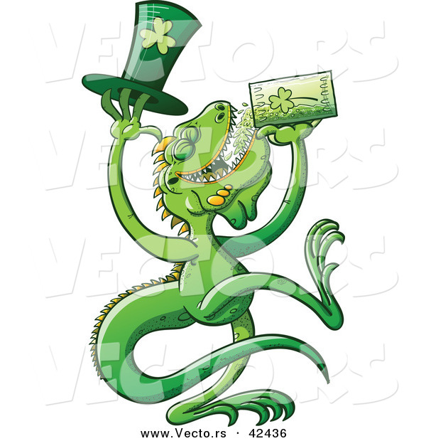Vector of a Cartoon St. Patrick's Day Iguana Drinking Beer from Clover Mug