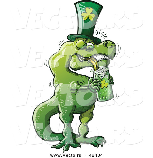 Vector of a Cartoon St. Patrick's Day T-Rex Drinking Beer from Clover Mug