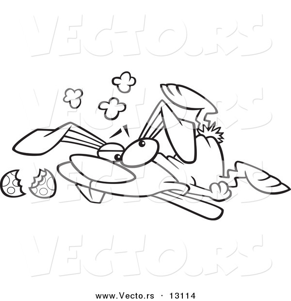 Vector of a Cartoon Stampeded Easter Bunny Crushed on the Floor - Outlined Coloring Page