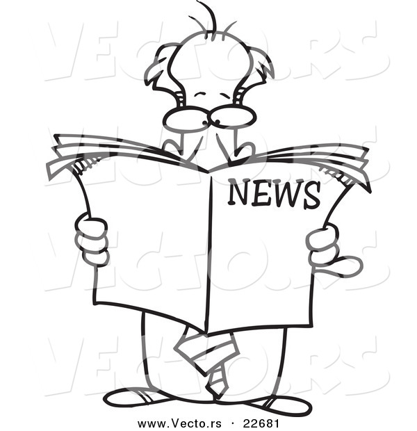 Vector of a Cartoon Standing Businessman Reading the News - Coloring Page Outline