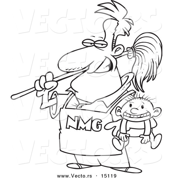 Vector of a Cartoon Stay at Home Dad Holding a Baby - Coloring Page Outline