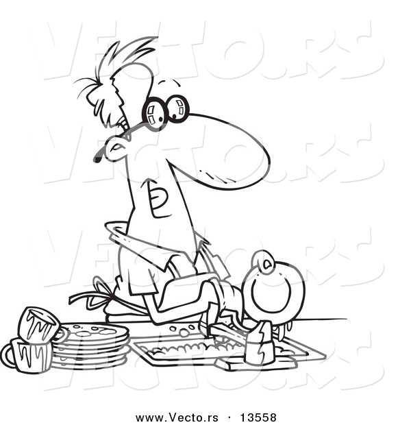 Vector of a Cartoon Stay at Home Dad Washing the Dirty Dishes - Coloring Page Outline