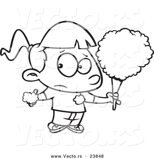 Vector of a Cartoon Sticky Girl Eating Cotton Candy - Coloring Page Outline
