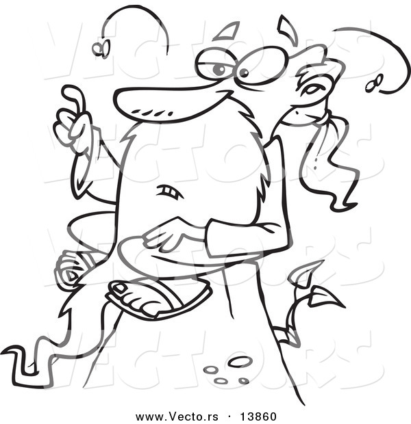 Vector of a Cartoon Stinky Old Wise Man Sitting on a Hill - Coloring Page Outline