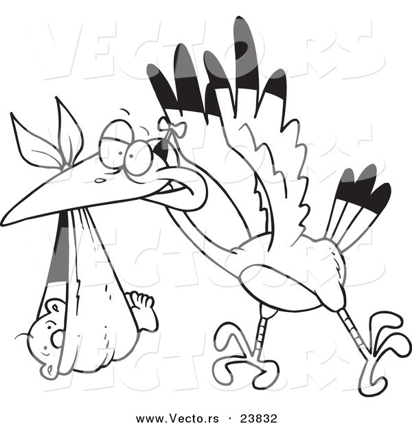 Vector of a Cartoon Stork Delivering a Baby in a Blanket - Coloring Page Outline