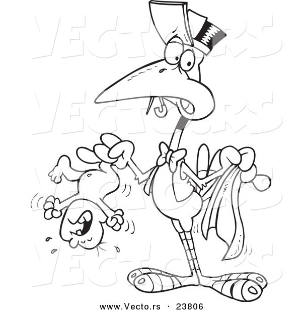 Vector of a Cartoon Stork Holding a Crying Baby - Coloring Page Outline