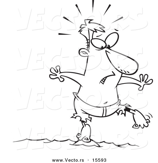 Vector of a Cartoon Stranded Man Standing on a Tiny Island - Coloring Page Outline