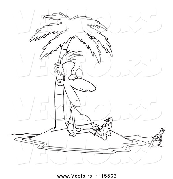 Vector of a Cartoon Stranded Man Staring at a Message in a Bottle - Coloring Page Outline