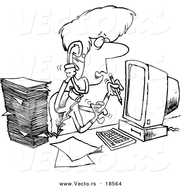 Vector of a Cartoon Stressed Assistant Multi Tasking - Outlined Coloring Page