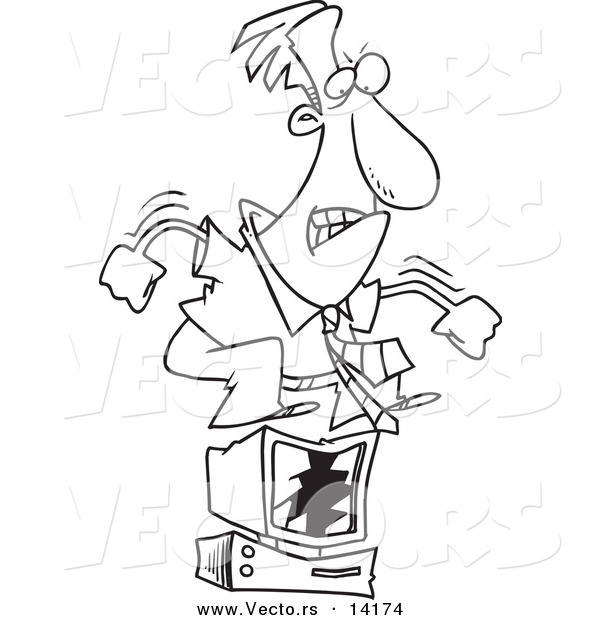 Vector of a Cartoon Stressed Businessman Jumping on His Computer - Coloring Page Outline