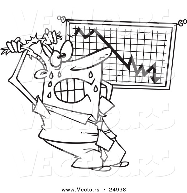 Vector of a Cartoon Stressed Businessman Viewing a Recession Chart - Outlined Coloring Page