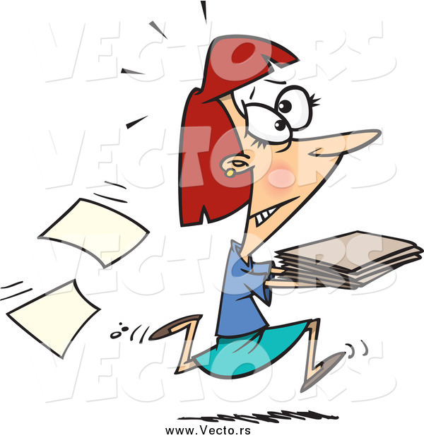 Vector of a Cartoon Stressed Businesswoman Running with Late Files